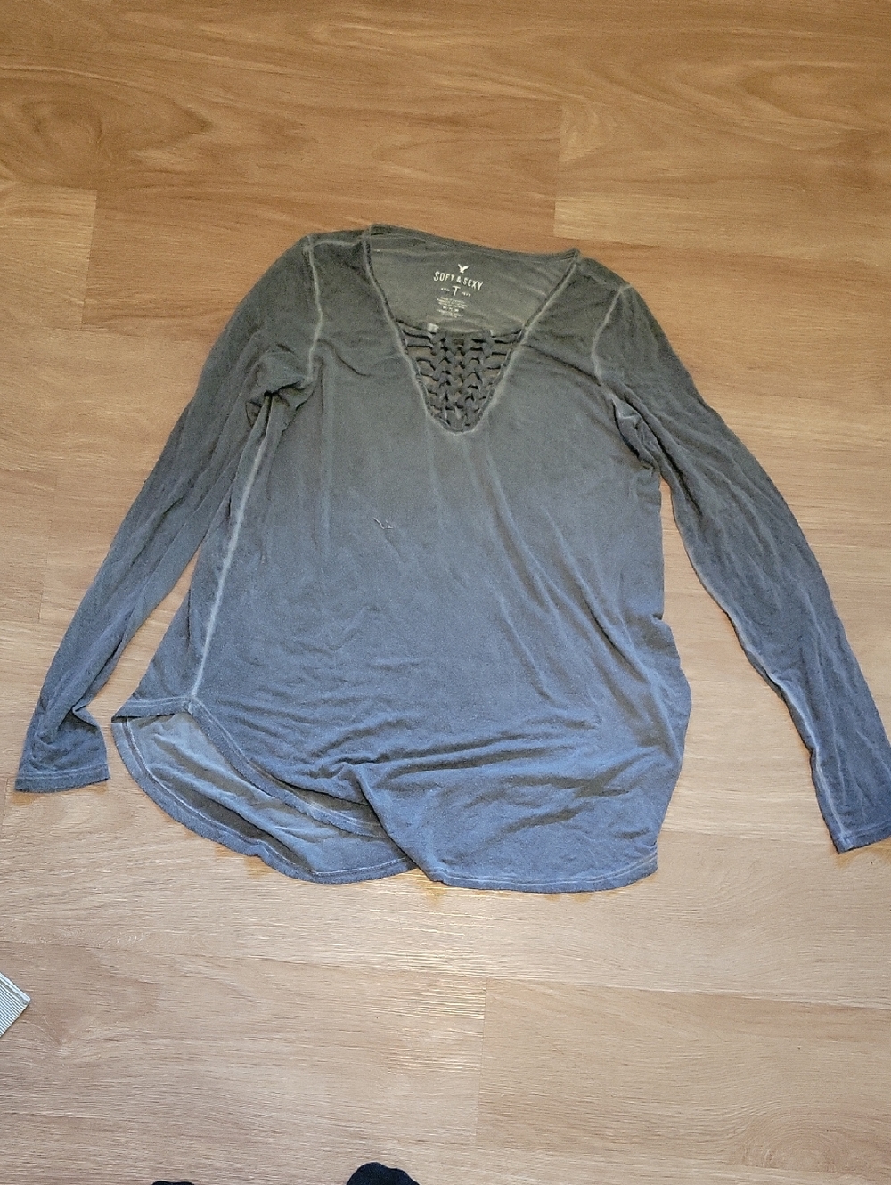 American Eagle Outfitters Gray Long-Sleeve Lace-Up V-Neck Top